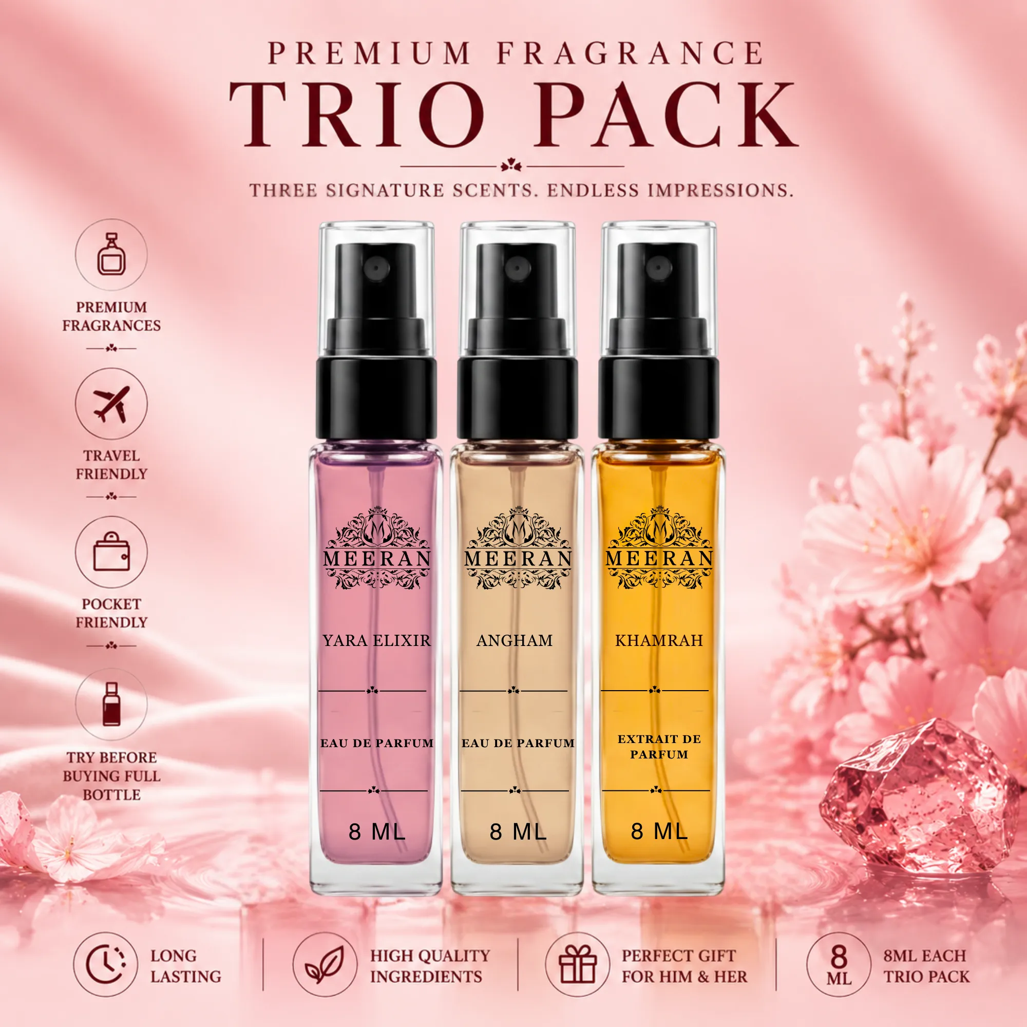  Yara Elixir, Angham & Khamrah (8 ml×3) | Long Lasting Fragrance Gift Set For Women | Travel Perfum | Mini Perfume Set For Women | Luxury Perfume Trio