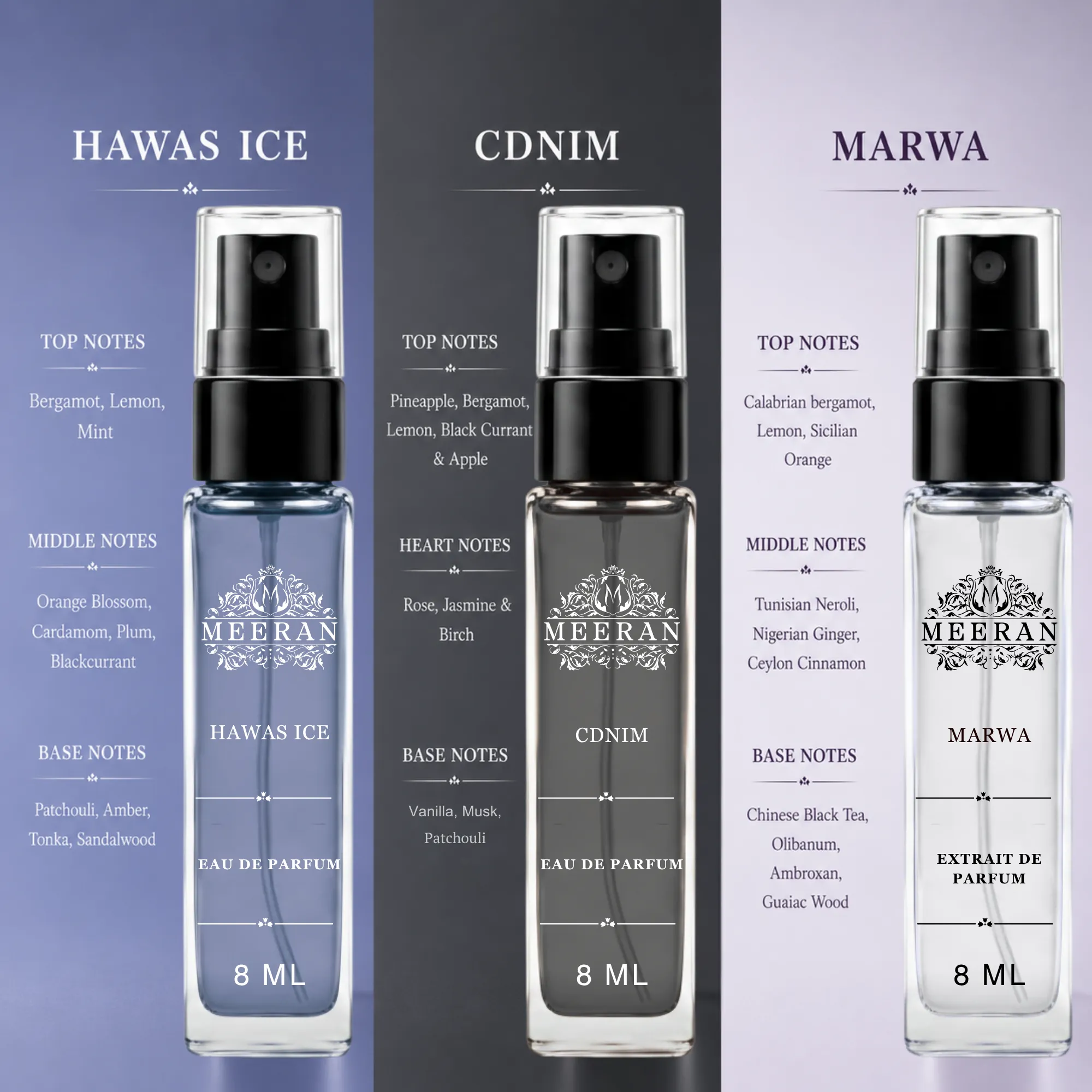  Hawas Ice, CDNIM & Marwa Perfume Trio Pack (8ML Each) | Long Lasting Luxury Pocket Perfume Set for Men | Travel Size Eau De Parfum Mini Fragrance Trio pack